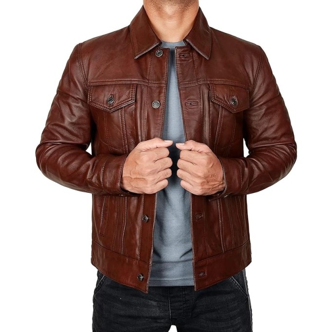 Leather Trucker Jacket Men - Real Lambskin Shirt Style Vintage Fashion Mens Leather Jacket