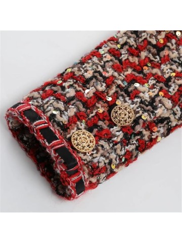 Womens Red Christmas Tweed Coat Small Fragrance O Neck Sequins Elegant Vintage Jacket