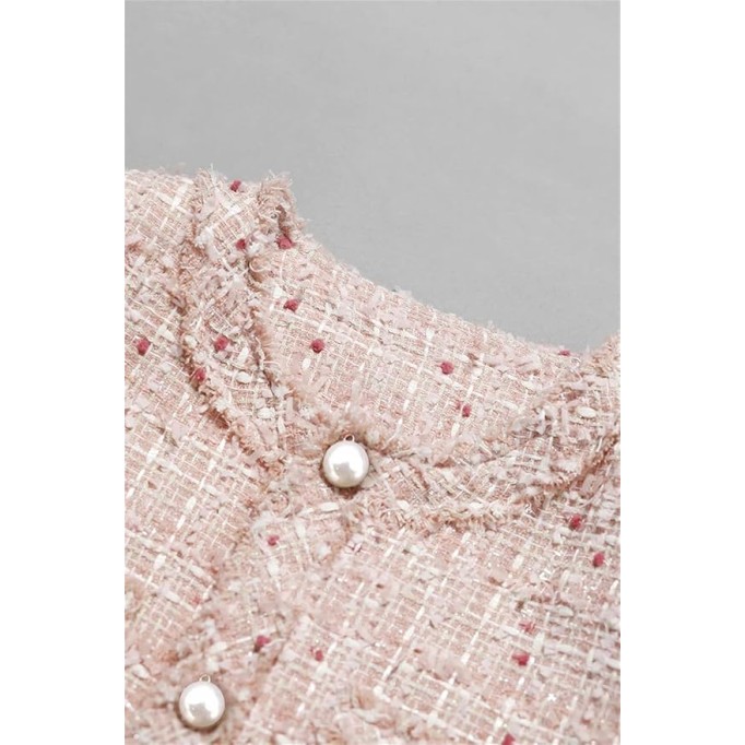 Womens Pink Dotted Tweed Jacket Woolen Coat Elegant Style One-Piece Wool Classic Jacket
