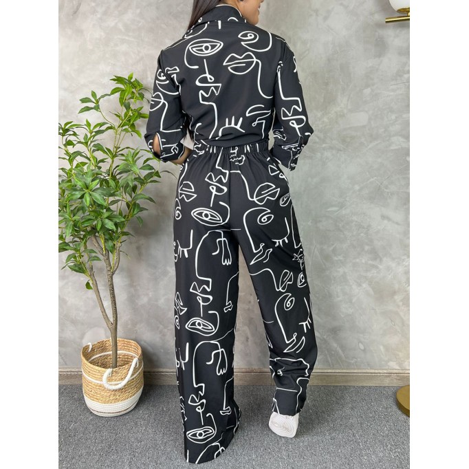 Abstract facial print shirt wide leg pants set