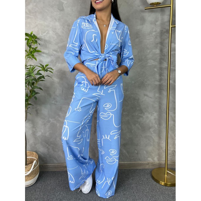 Abstract facial print shirt wide leg pants set