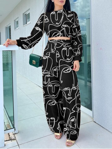 Abstract facial print short top high waisted wide leg pants set