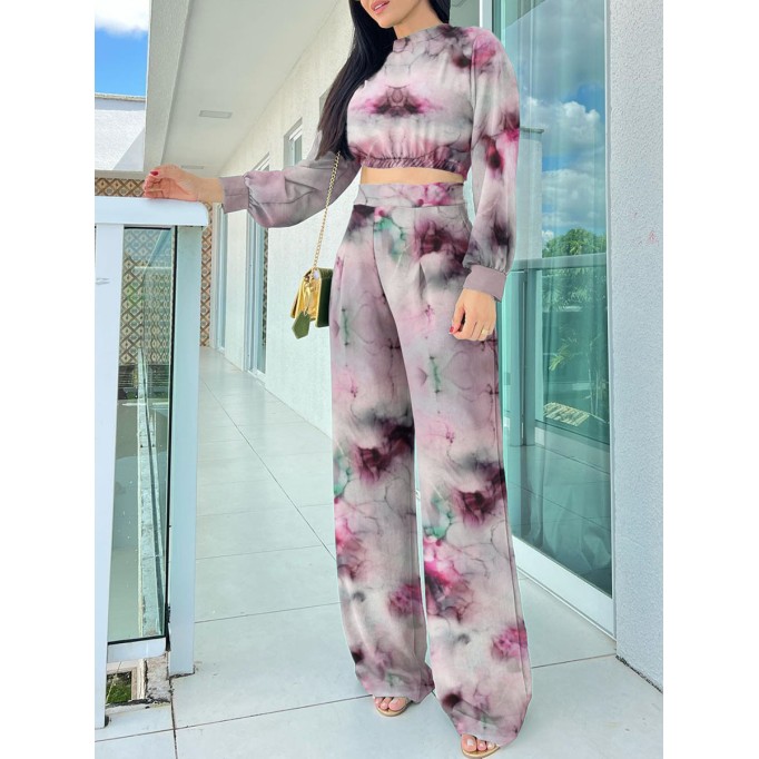 Abstract facial print short top wide leg pants set