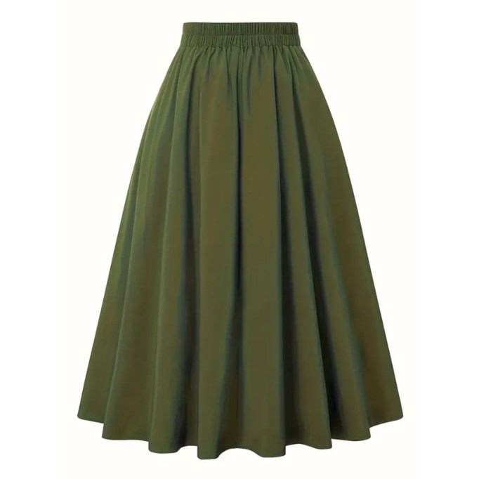 Army green high-waisted slimming skirts with large hemlines