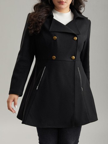 Black tweed coat with waist lapel for women