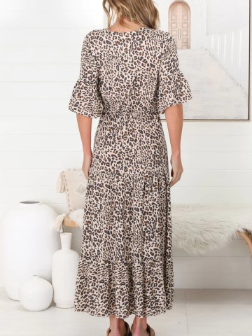 Black V-neck waistline leopard print Bohemian minimalist dress