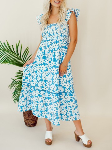 Blue floral pleated mid length dress