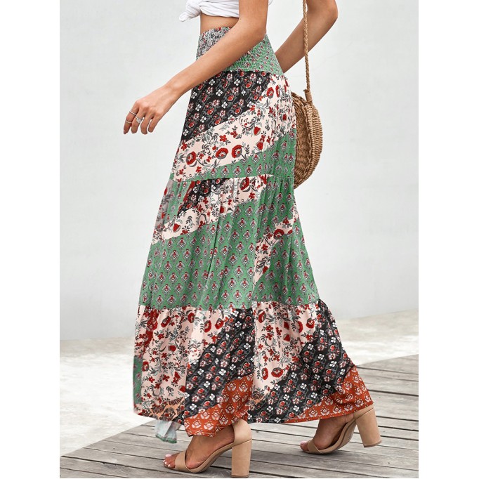 BOHO PRINT TIE-UP WAIST LONG MAXI SKIRT