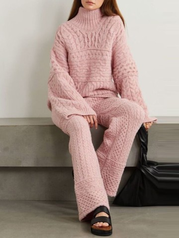 Casual turtleneck jacquard knit two-piece set