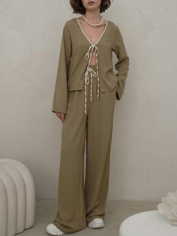 Solid color lace up cardigan wide leg pants two-piece set