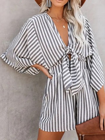 Summer V-neck short sleeve striped jumpsuit